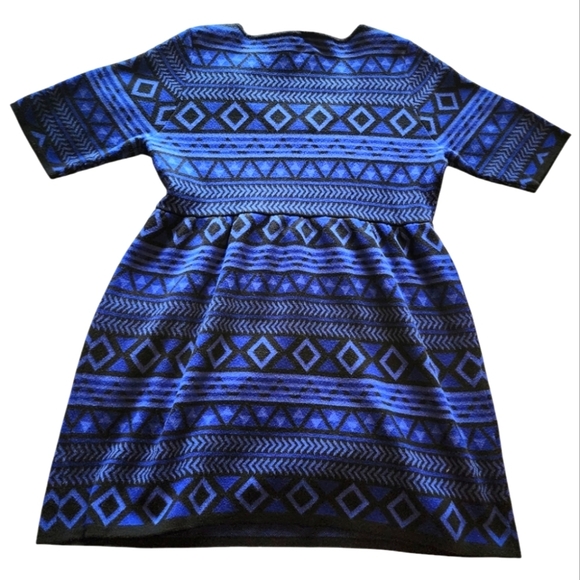 T/O Sweater Knit Dress XL Blue Black Geometric Tribal Boho Y2K Fit & Flare - Picture 4 of 12